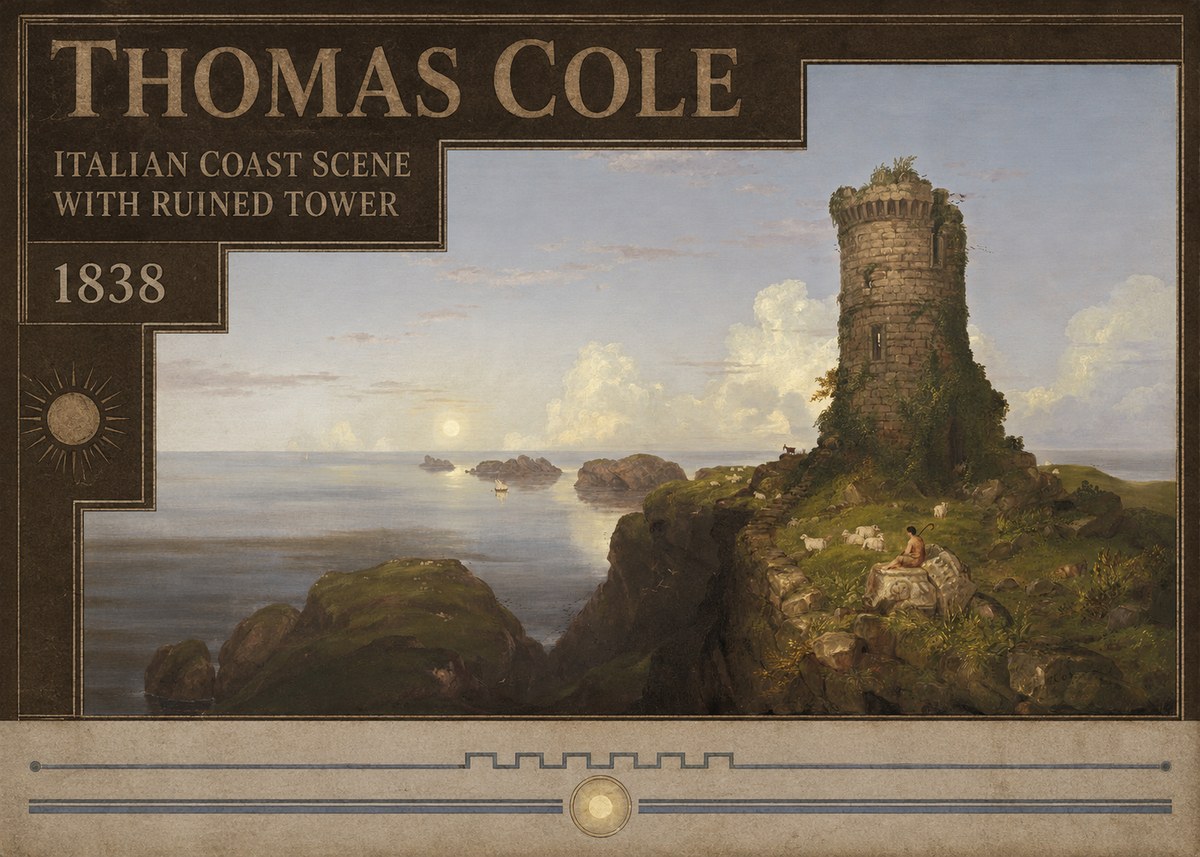 Thomas Cole Italian Coast Scene with Ruined Tower II No5 - Póster