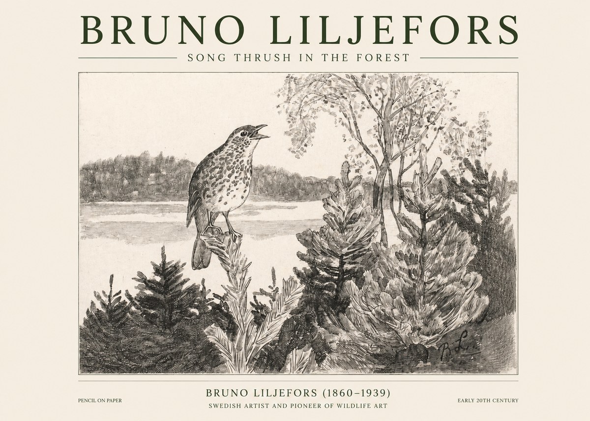 Bruno Liljefors Song Thrush in the Forest No1 - Póster