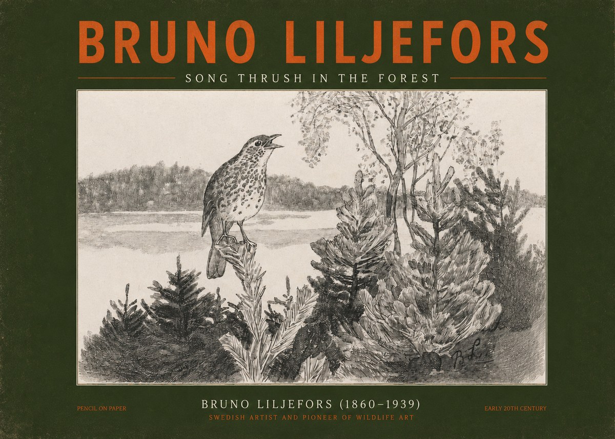 Bruno Liljefors Song Thrush in the Forest No2 - Póster