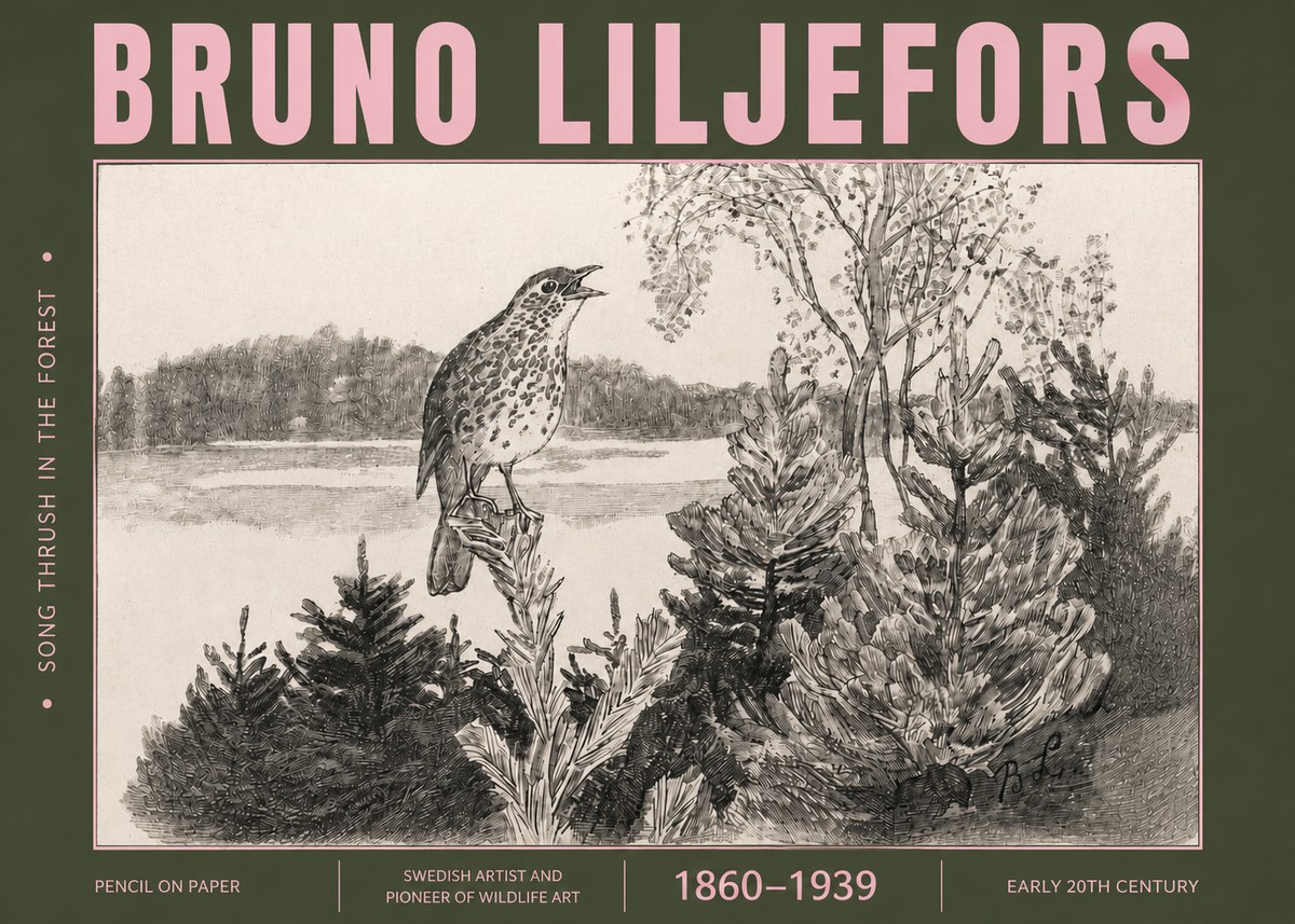 Bruno Liljefors Song Thrush in the Forest No4 - Póster