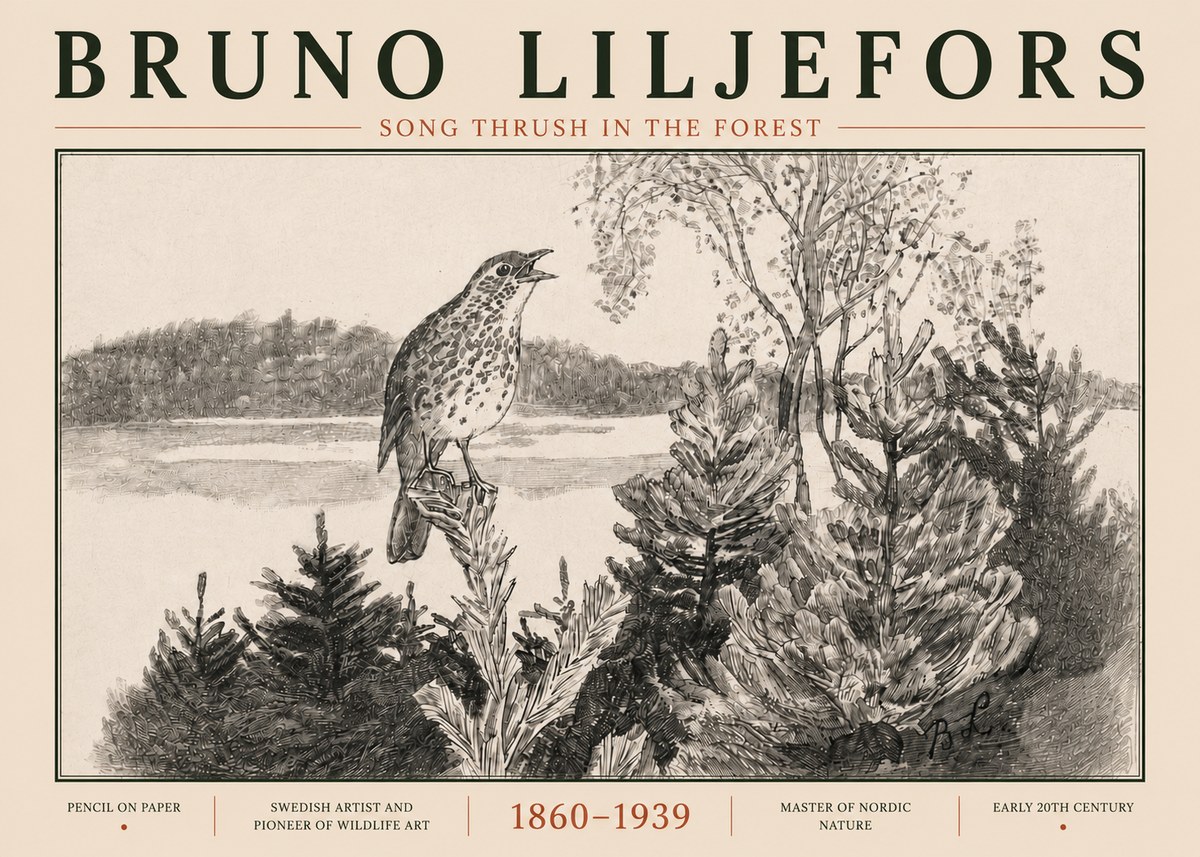 Bruno Liljefors Song Thrush in the Forest No5 - Póster