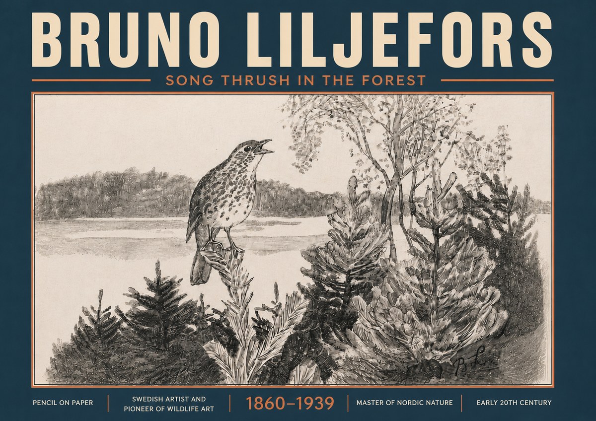 Bruno Liljefors Song Thrush in the Forest No6 - Póster