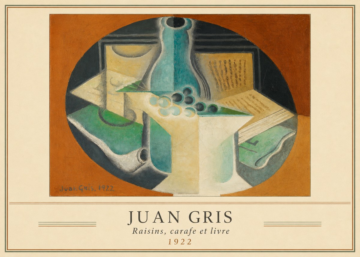 Juan Gris Raisins, Carafe Et Livre No3 - Póster