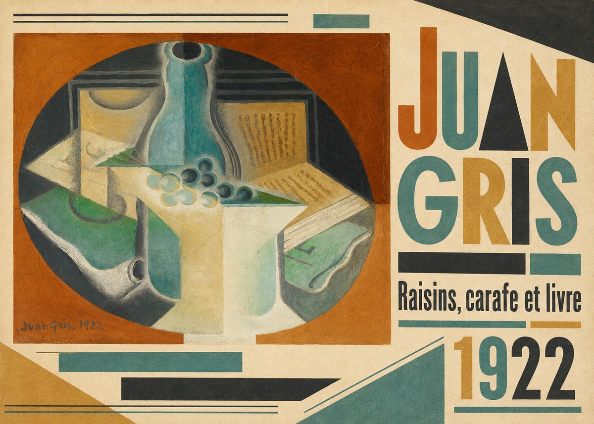 Juan Gris Raisins, Carafe Et Livre No4 - Póster