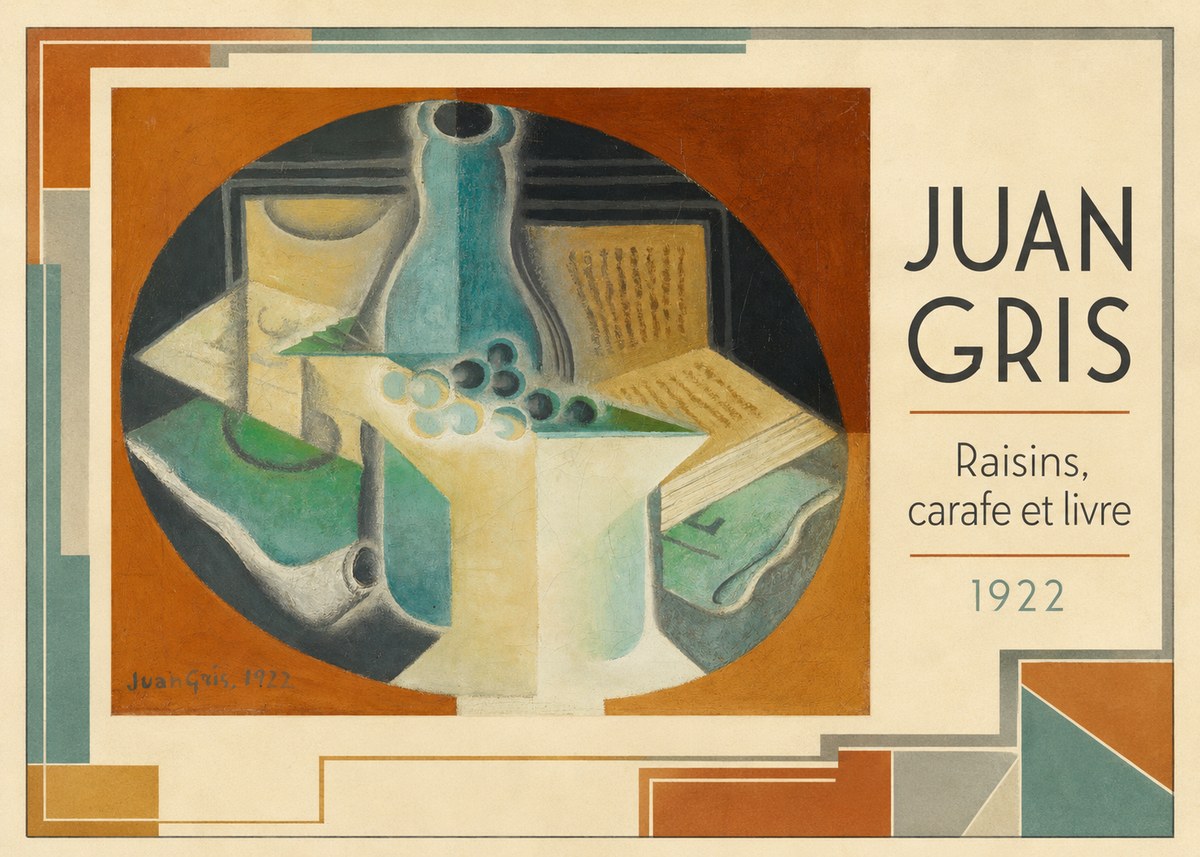 Juan Gris Raisins, Carafe Et Livre No5 - Póster