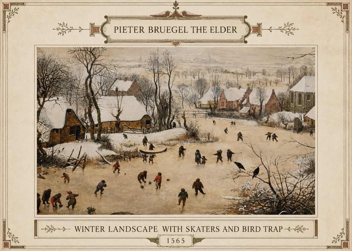 Pieter Bruegel Winter Landscape with Skaters and Bird Trap No3 - Póster