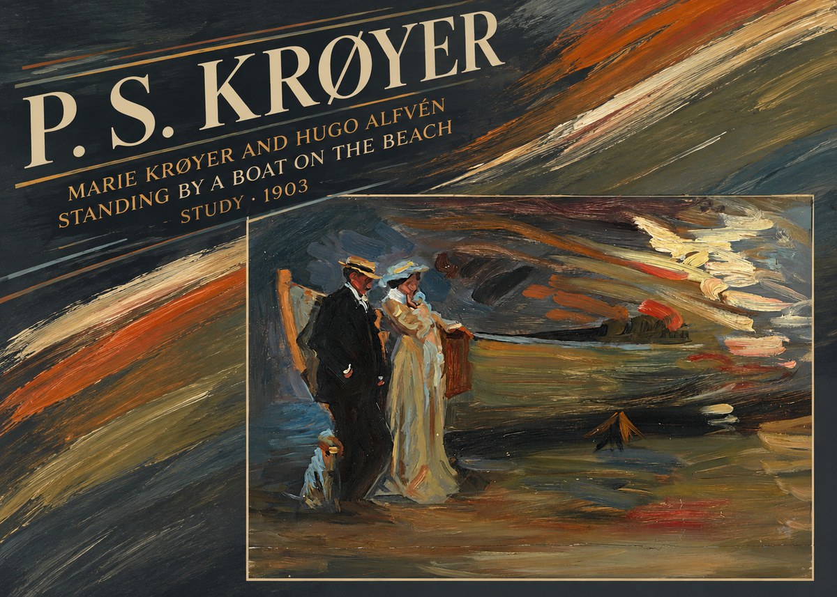 P.S. Krøyer Marie Krøyer and Hugo Alfvén Standing by a Boat on the Beach - Study · 1903 No4 - Póster