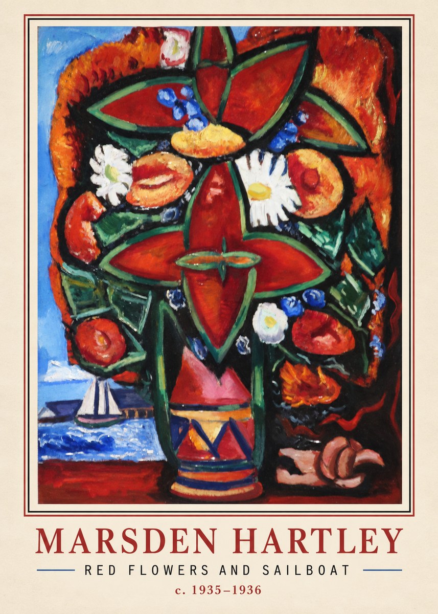 Marsden Hartley Red Flowers and Sailboat No2 - Póster