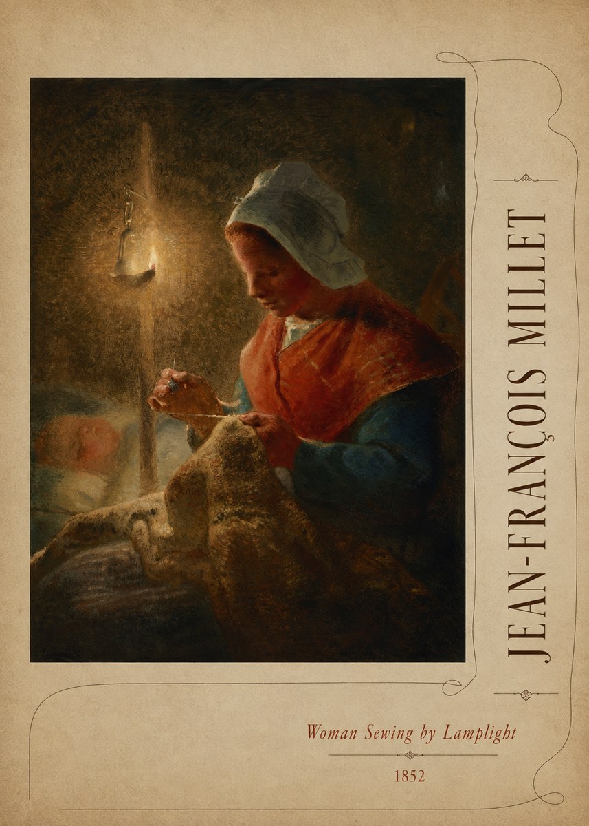 Jean-François Millet Woman Sewing by Lamplight No3 - Póster
