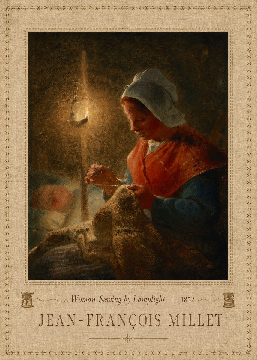 Jean-François Millet Woman Sewing by Lamplight No5 - Póster