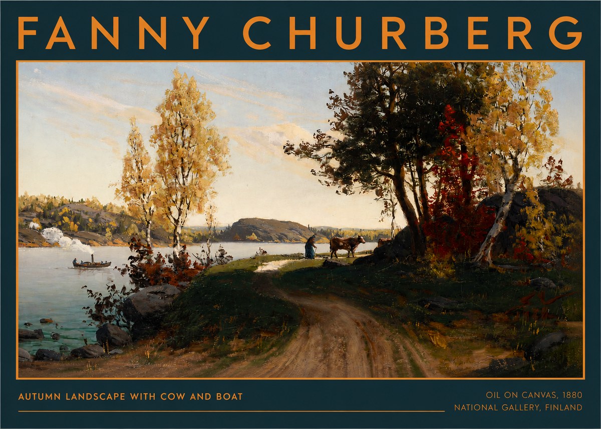 Fanny Churberg Autumn Landscape with Cow and Boat No2 - Póster