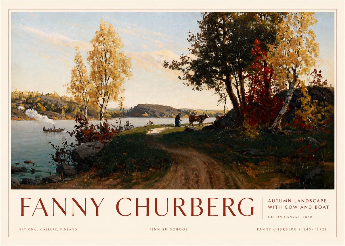 Fanny Churberg Autumn Landscape with Cow and Boat No3 - Póster