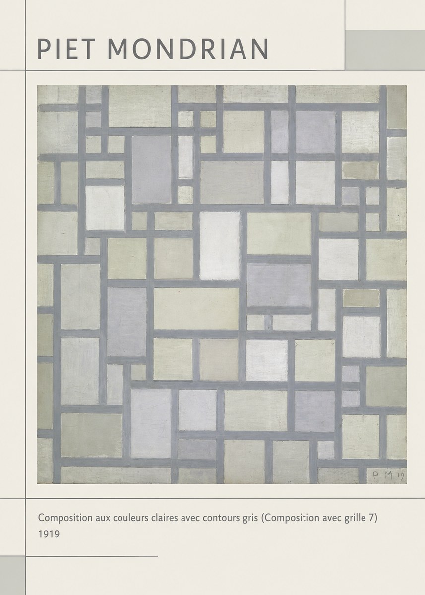 Piet Mondrian Composition Aux Couleurs Claires Avec Contours Gris (Composition Avec Grille 7) No1 - Póster