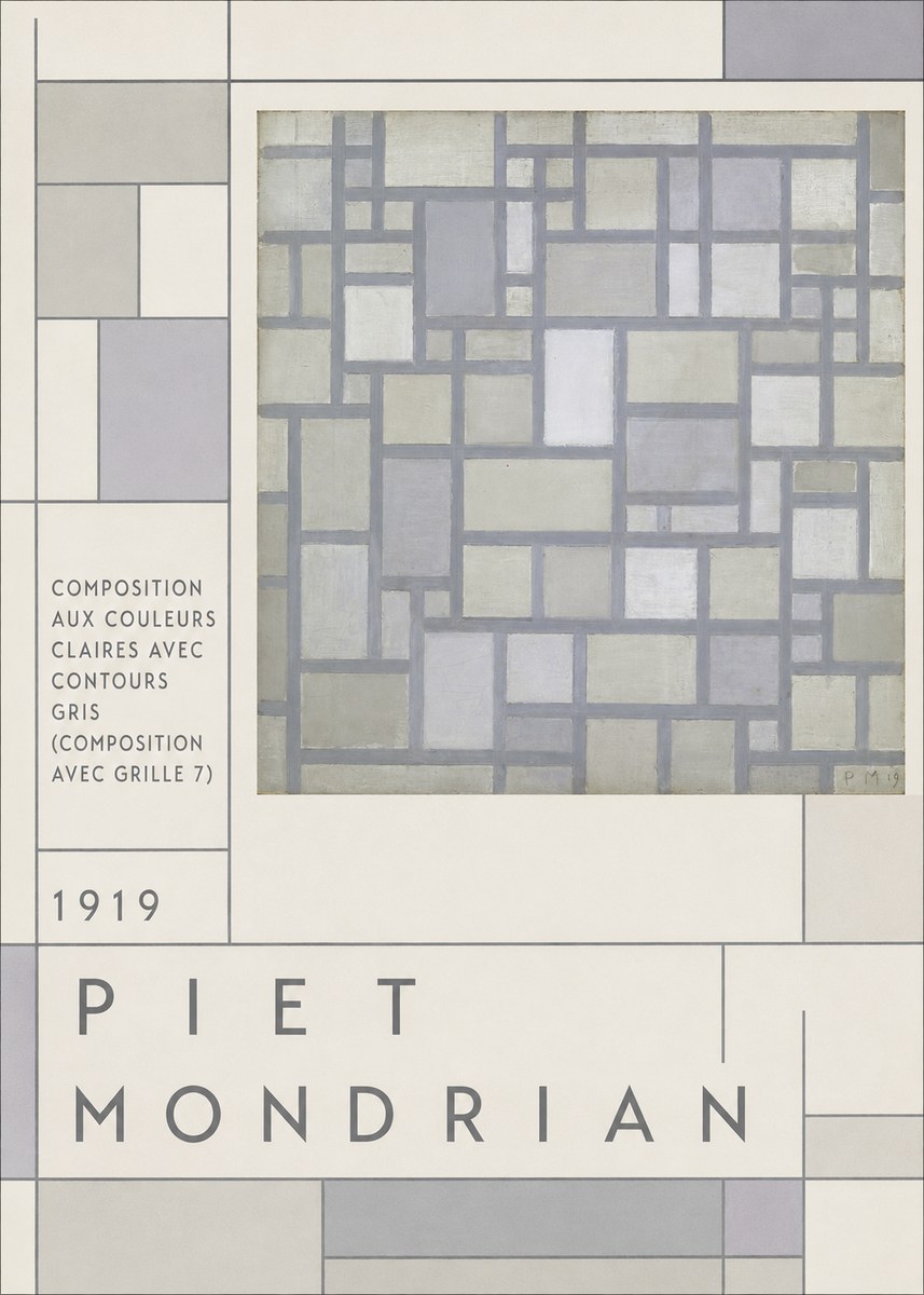 Piet Mondrian Composition Aux Couleurs Claires Avec Contours Gris (Composition Avec Grille 7) No3 - Póster