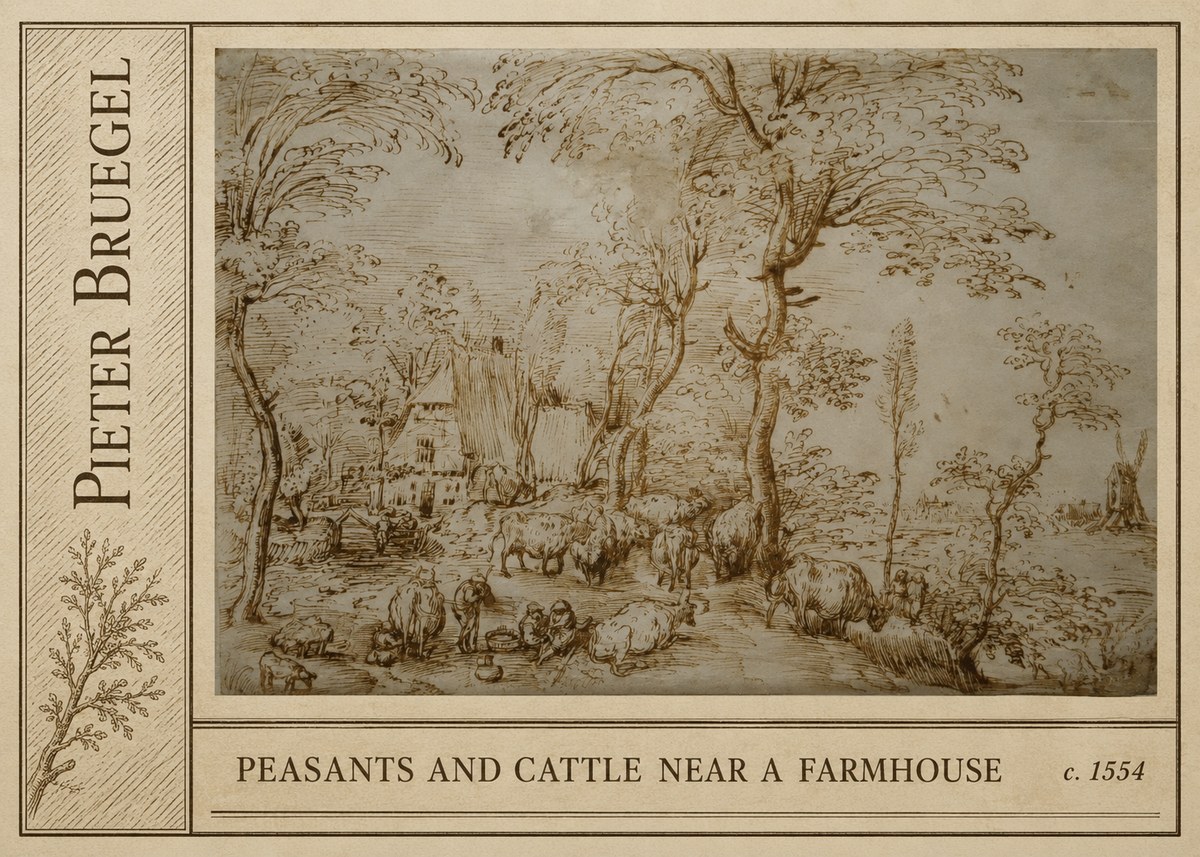 Pieter Bruegel Peasants and Cattle Near a Farmhouse No2 - Póster