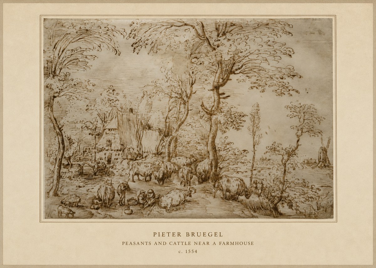 Pieter Bruegel Peasants and Cattle Near a Farmhouse No4 - Póster