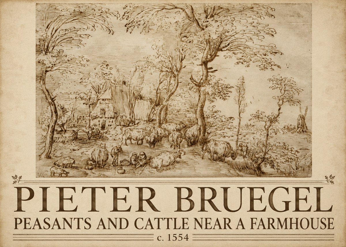 Pieter Bruegel Peasants and Cattle Near a Farmhouse No5 - Póster