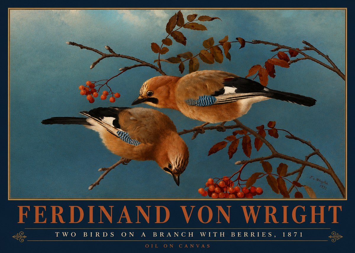 Ferdinand von Wright Two Birds on a Branch with Berries, 1871 No4 - Póster