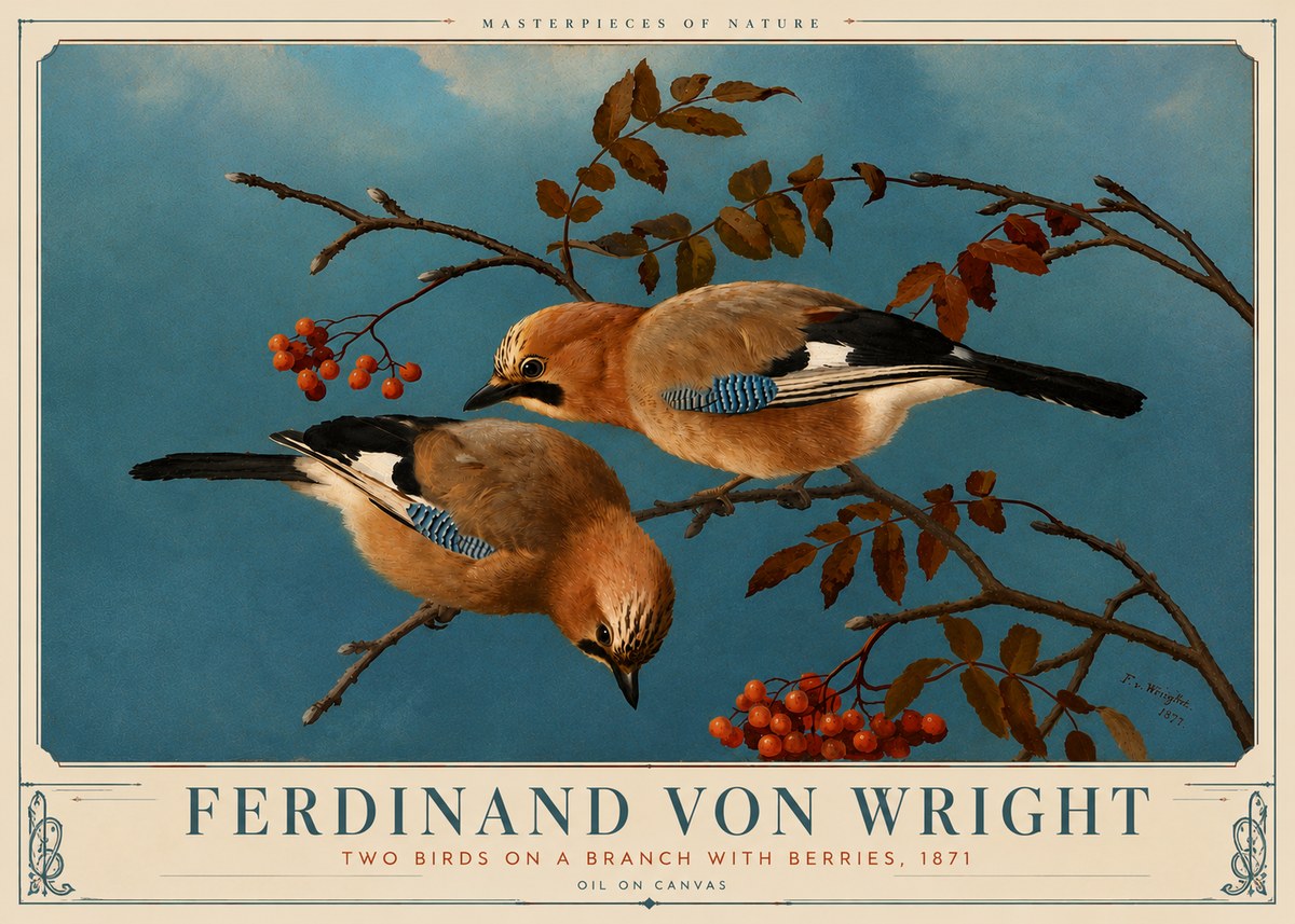 Ferdinand von Wright Two Birds on a Branch with Berries, 1871 No6 - Póster