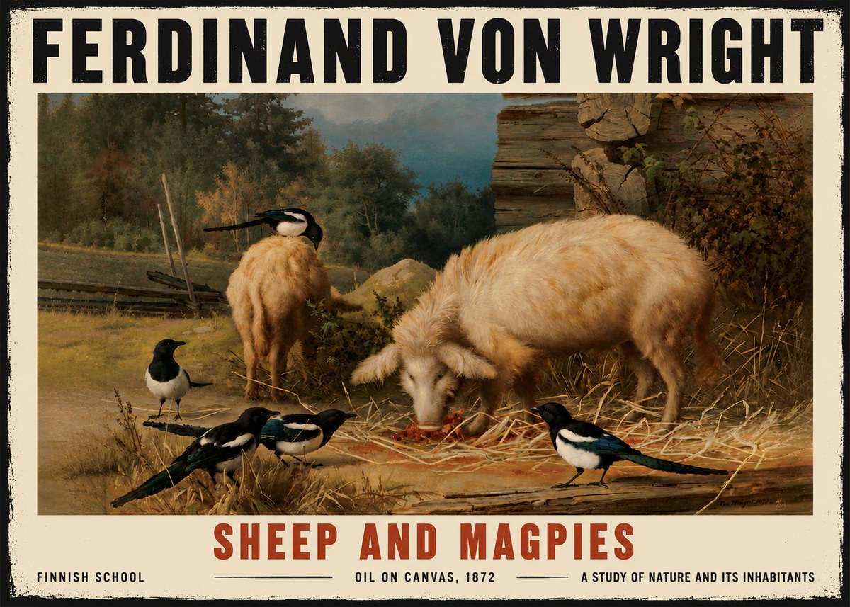 Ferdinand von Wright Sheep and Magpies No6 - Póster