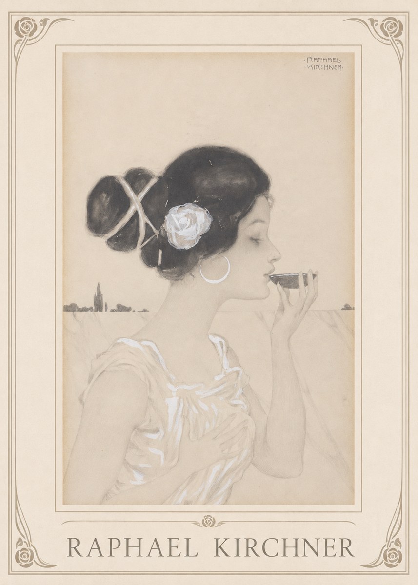 Raphael Kirchner Elegant Lady with Rose and Cup No1 - Póster