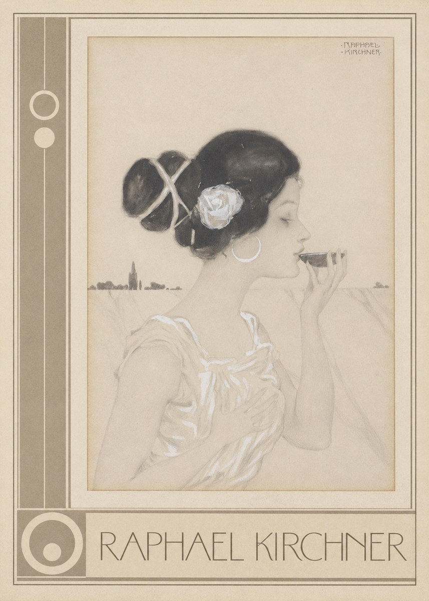 Raphael Kirchner Elegant Lady with Rose and Cup No3 - Póster