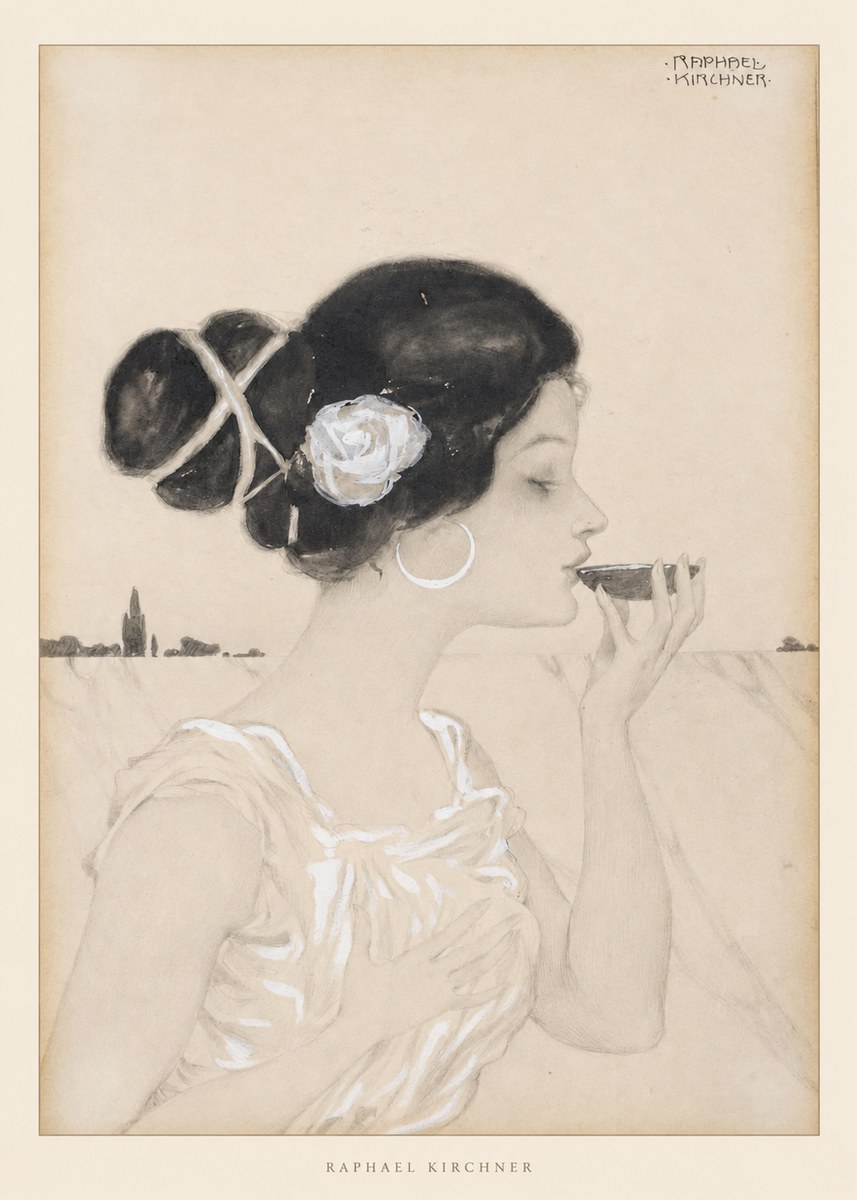 Raphael Kirchner Elegant Lady with Rose and Cup No6 - Póster